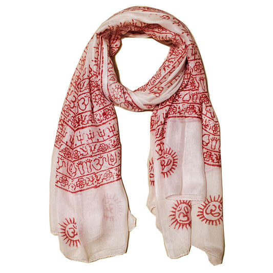 Om Print White Scarf Spiritual Symbol Boho Lightweight