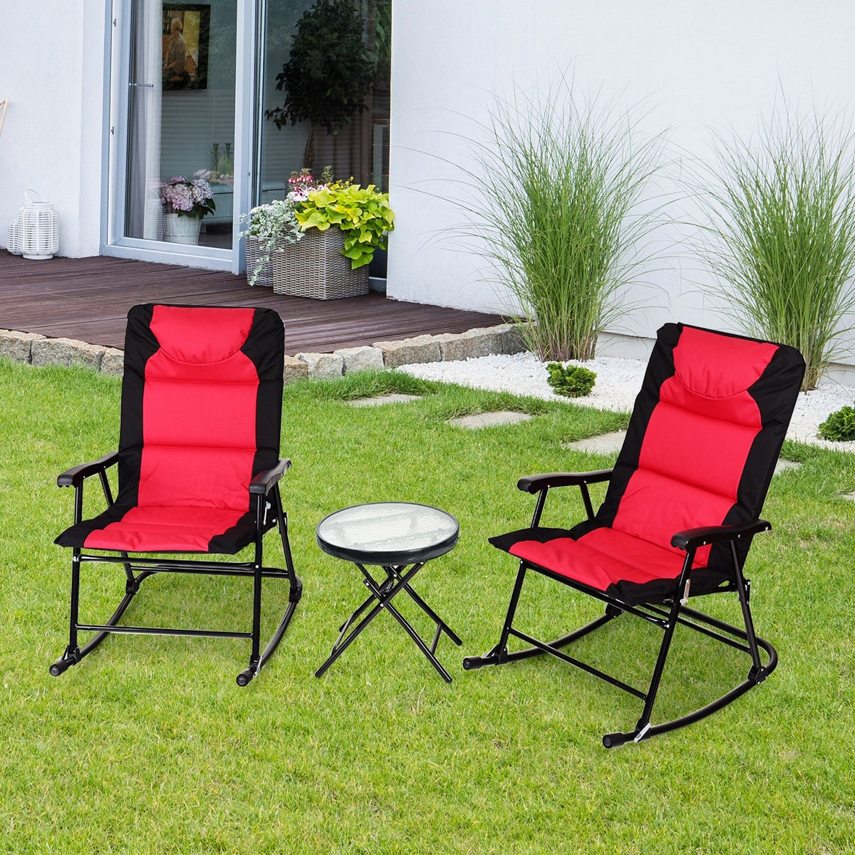 3 Pcs Outdoor Folding Rocking Chair Table Set with Cushion