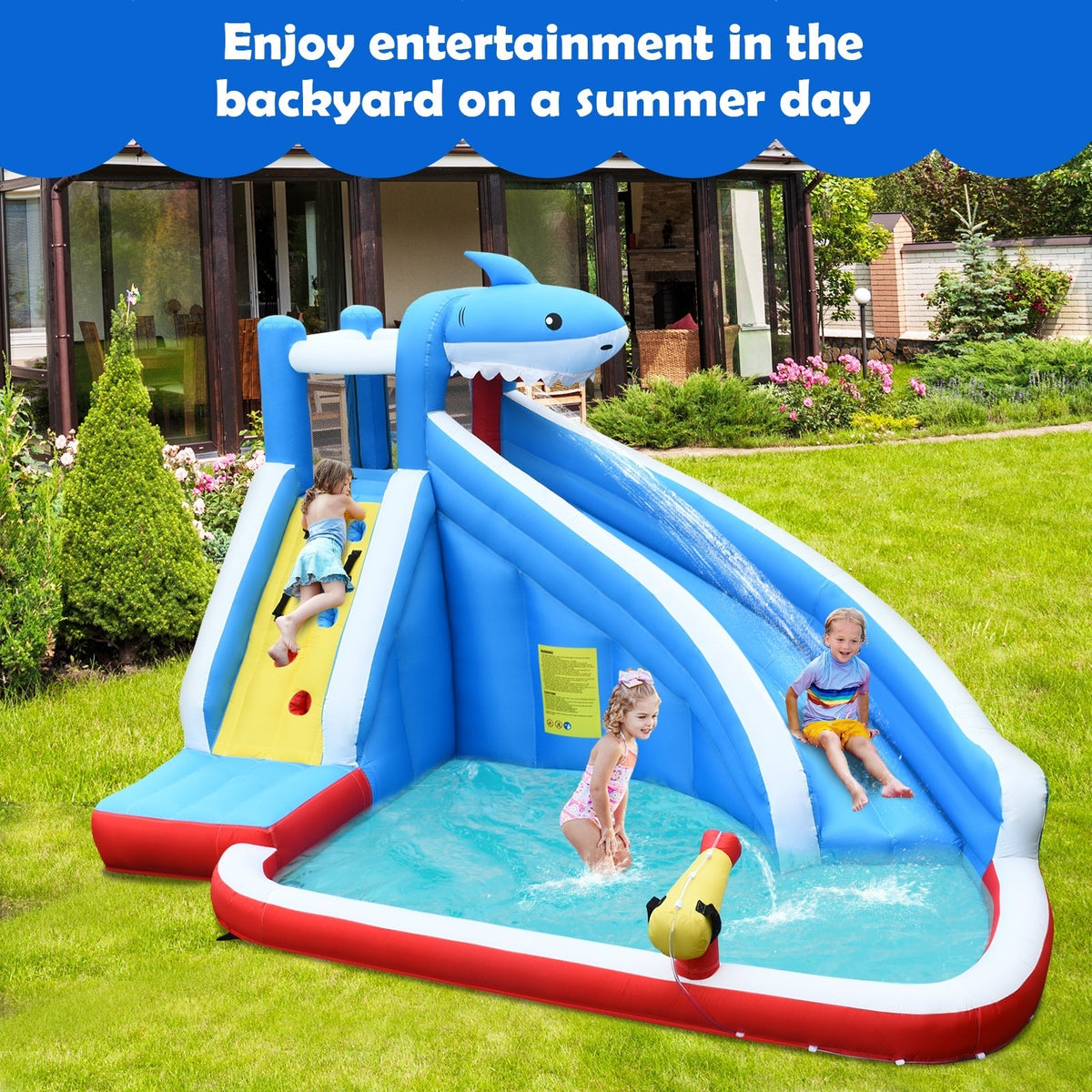 Parque acuático inflable 4 en 1 con tobogán largo y soplador de 735W