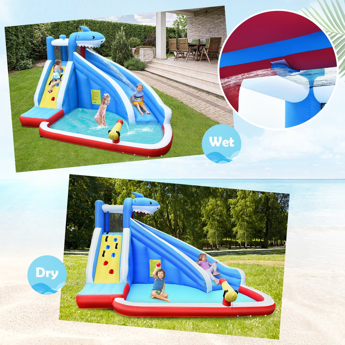 Parque acuático inflable 4 en 1 con tobogán largo y soplador de 735W