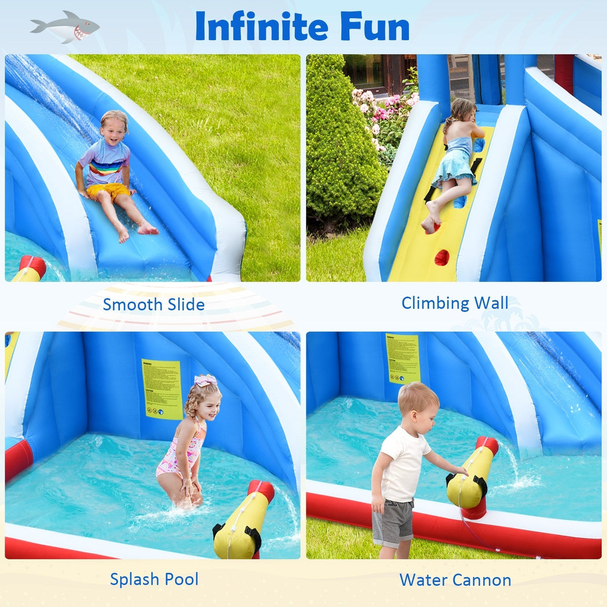 Parque acuático inflable 4 en 1 con tobogán largo y soplador de 735W