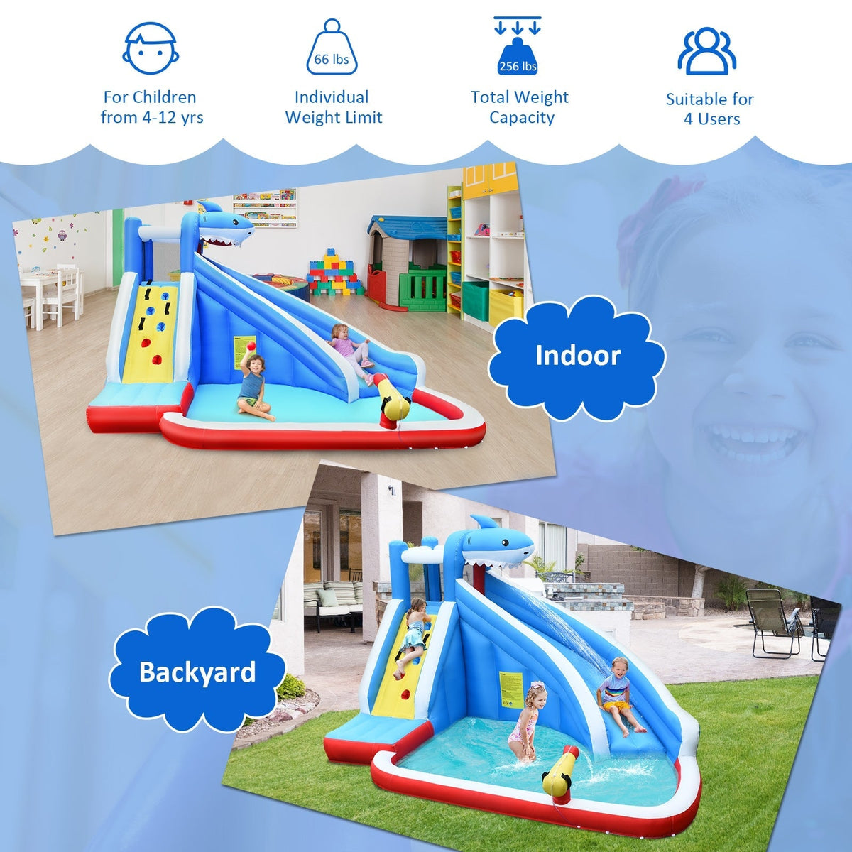 Parque acuático inflable 4 en 1 con tobogán largo y soplador de 735W