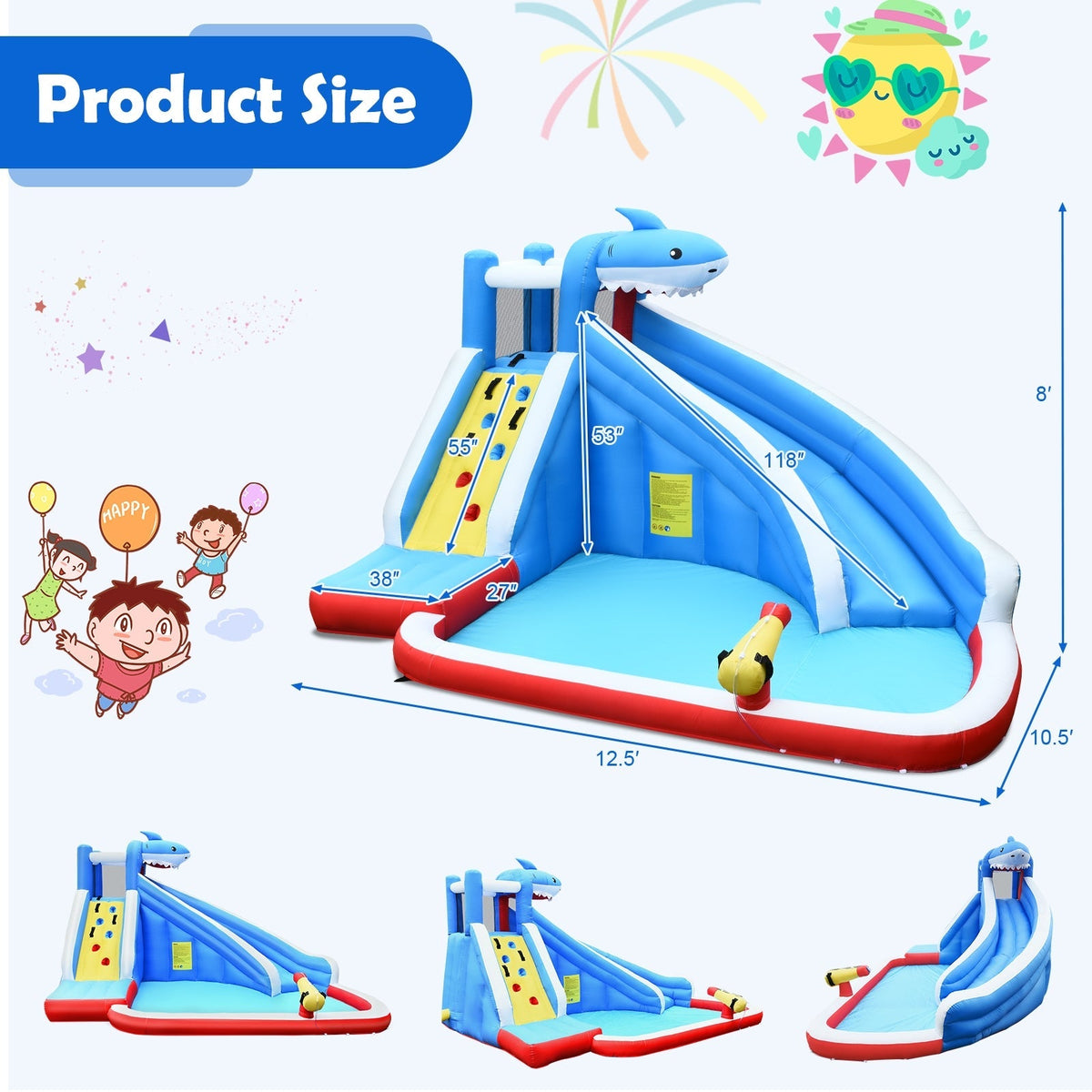 Parque acuático inflable 4 en 1 con tobogán largo y soplador de 735W