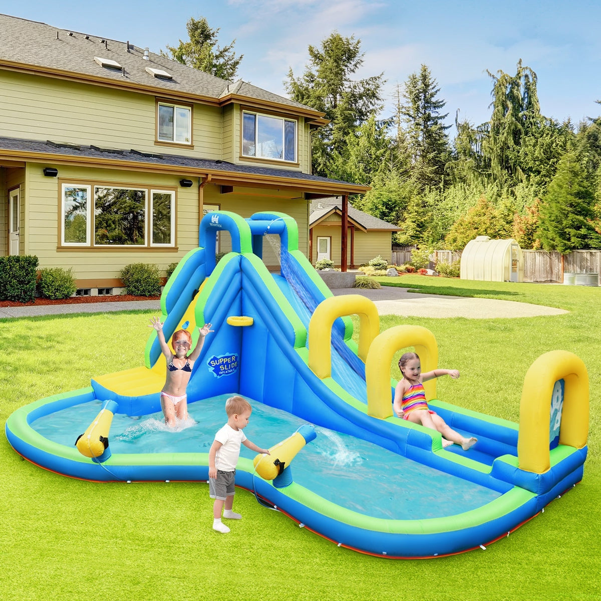 Tobogán acuático inflable para niños con cañones de agua y manguera sin soplador