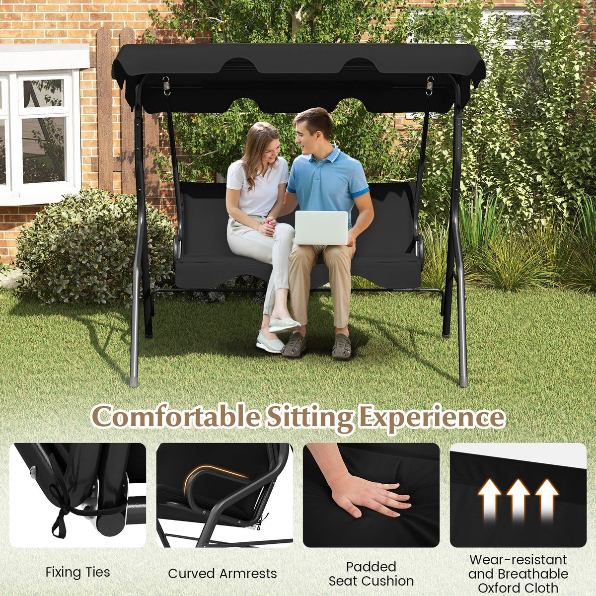 3 Seat Outdoor Patio Canopy Swing with Cushioned Steel Frame-Blue