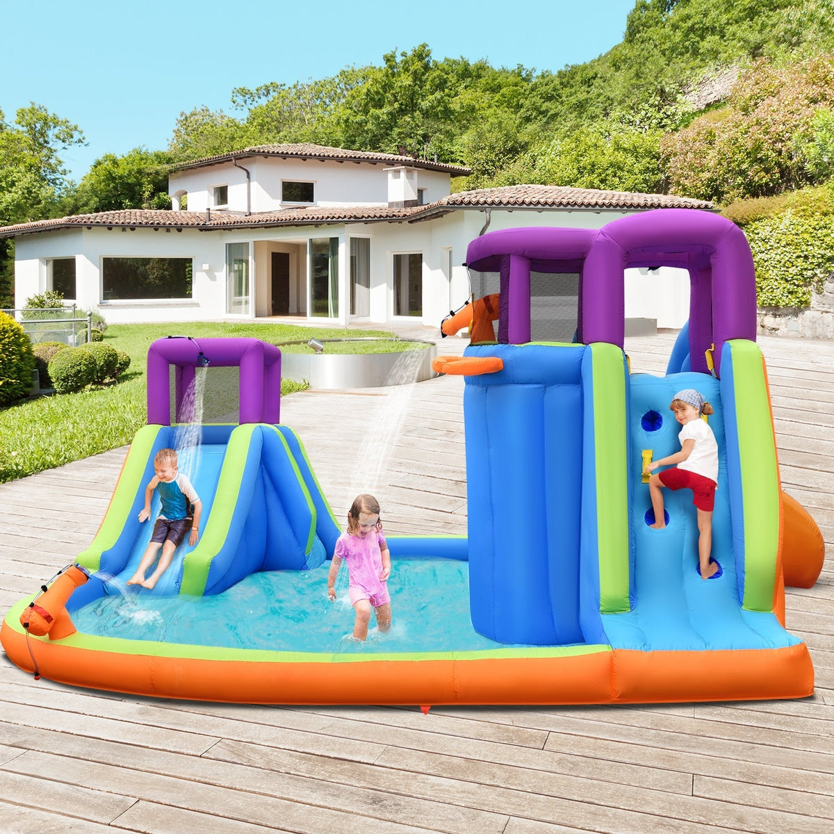 Tobogán de agua inflable 6 en 1 con casa de rebote, sin soplador