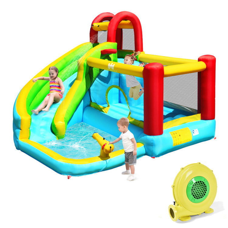 Casa hinchable inflable 6 en 1 con muro de escalada y canasta de baloncesto con soplador