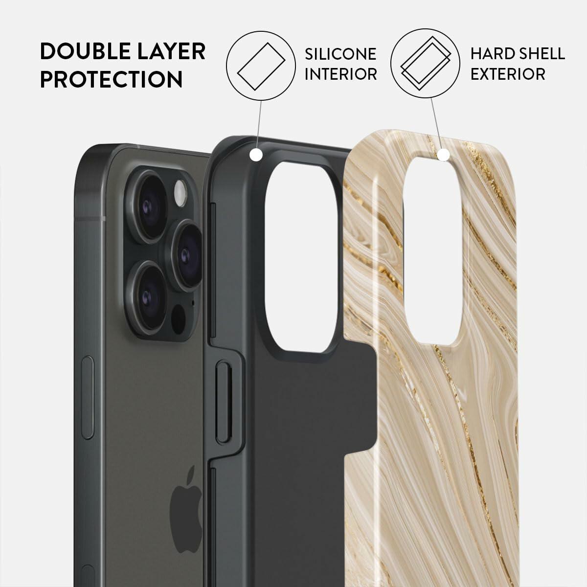 Funda BURGA para iPhone 15 Pro Max, mármol con purpurina color nude: bonita, moderna, nueva