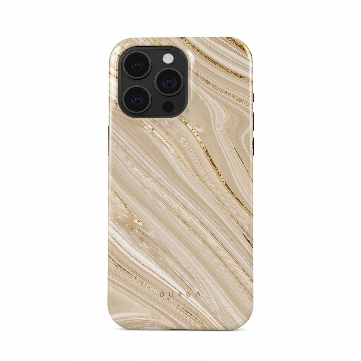 Funda BURGA para iPhone 15 Pro Max, mármol con purpurina color nude: bonita, moderna, nueva