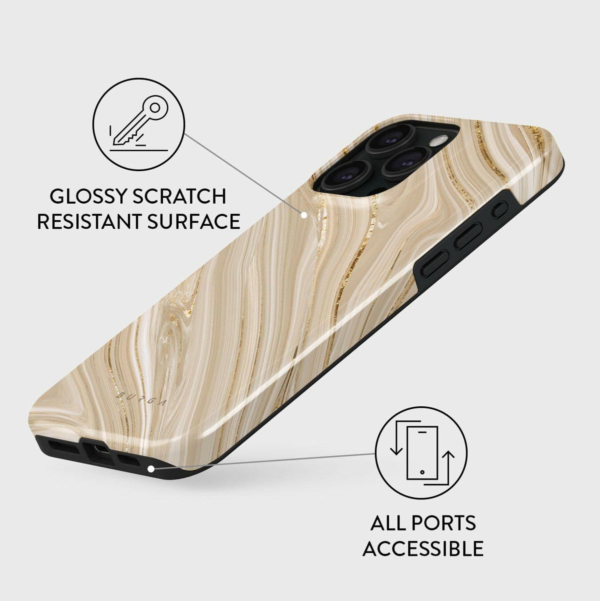 Funda BURGA para iPhone 15 Pro Max, mármol con purpurina color nude: bonita, moderna, nueva