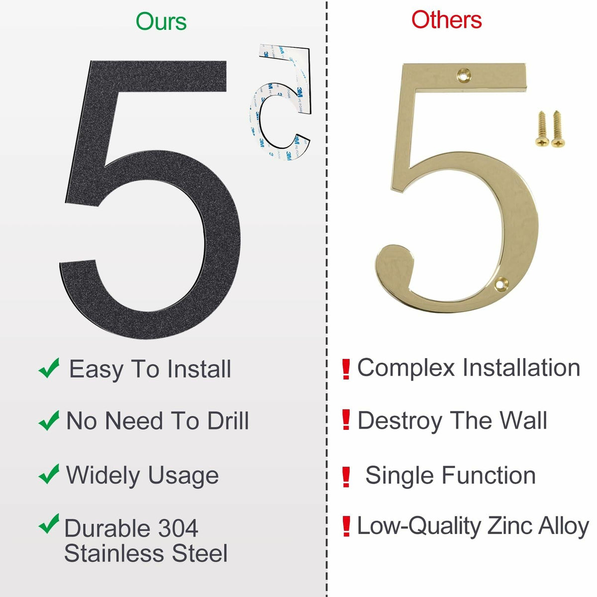 Número de casa autoadhesivo de acero inoxidable de 6 pulgadas, número 4, duradero para exteriores