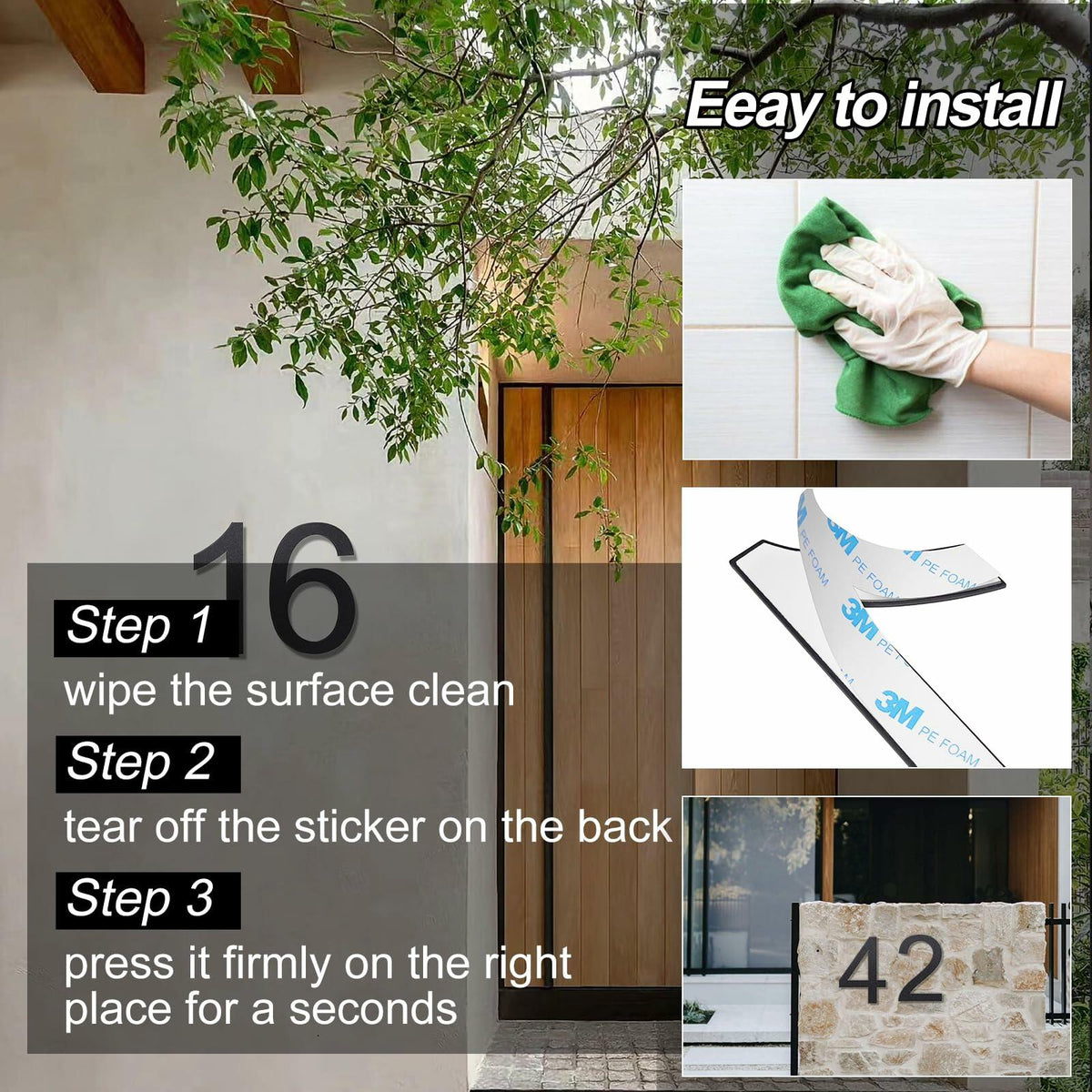 Número de casa autoadhesivo de acero inoxidable de 6 pulgadas, número 4, duradero para exteriores