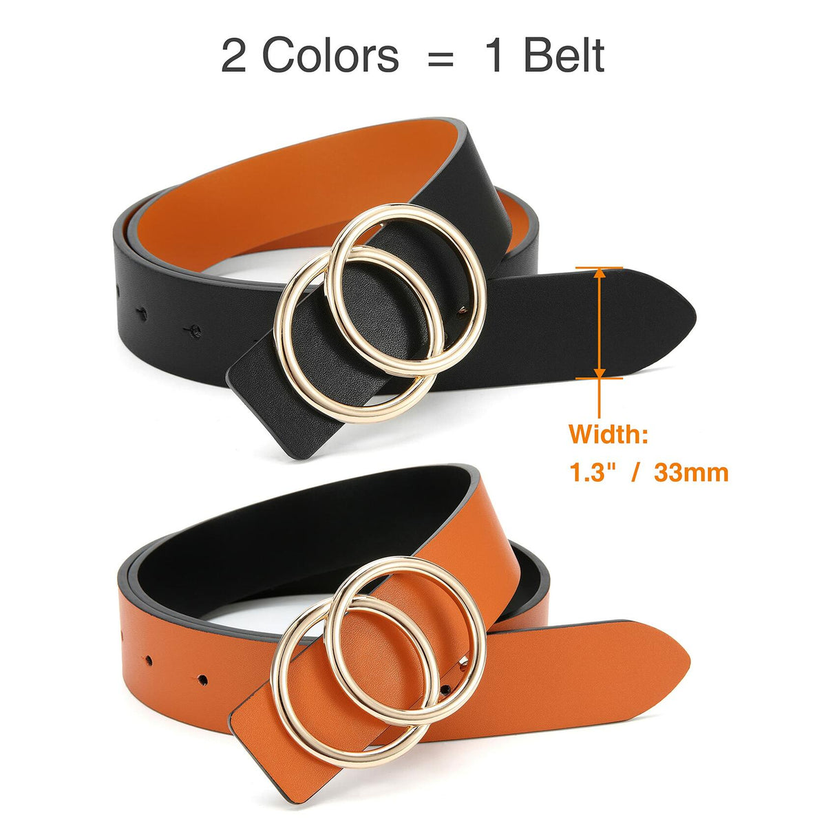 Cinturón de piel para mujer CR de 1.3", reversible, 2 colores, para jeans o vestir