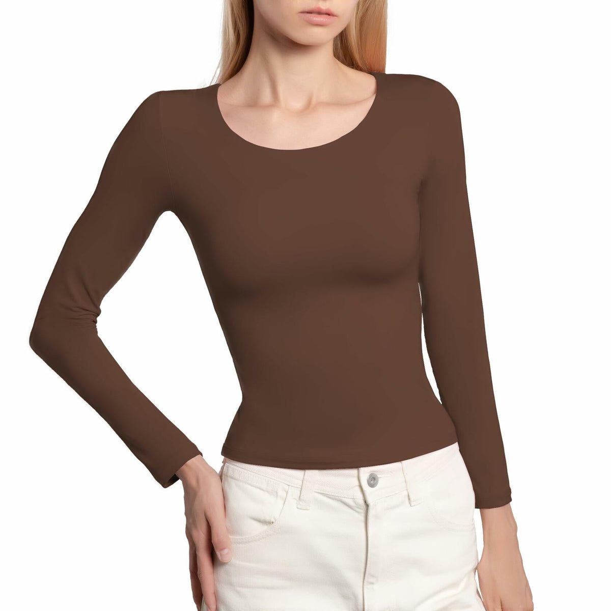 BRISIRA - Camiseta corta de manga larga para mujer, color marrón, ajuste entallado, cuello redondo - Talla M