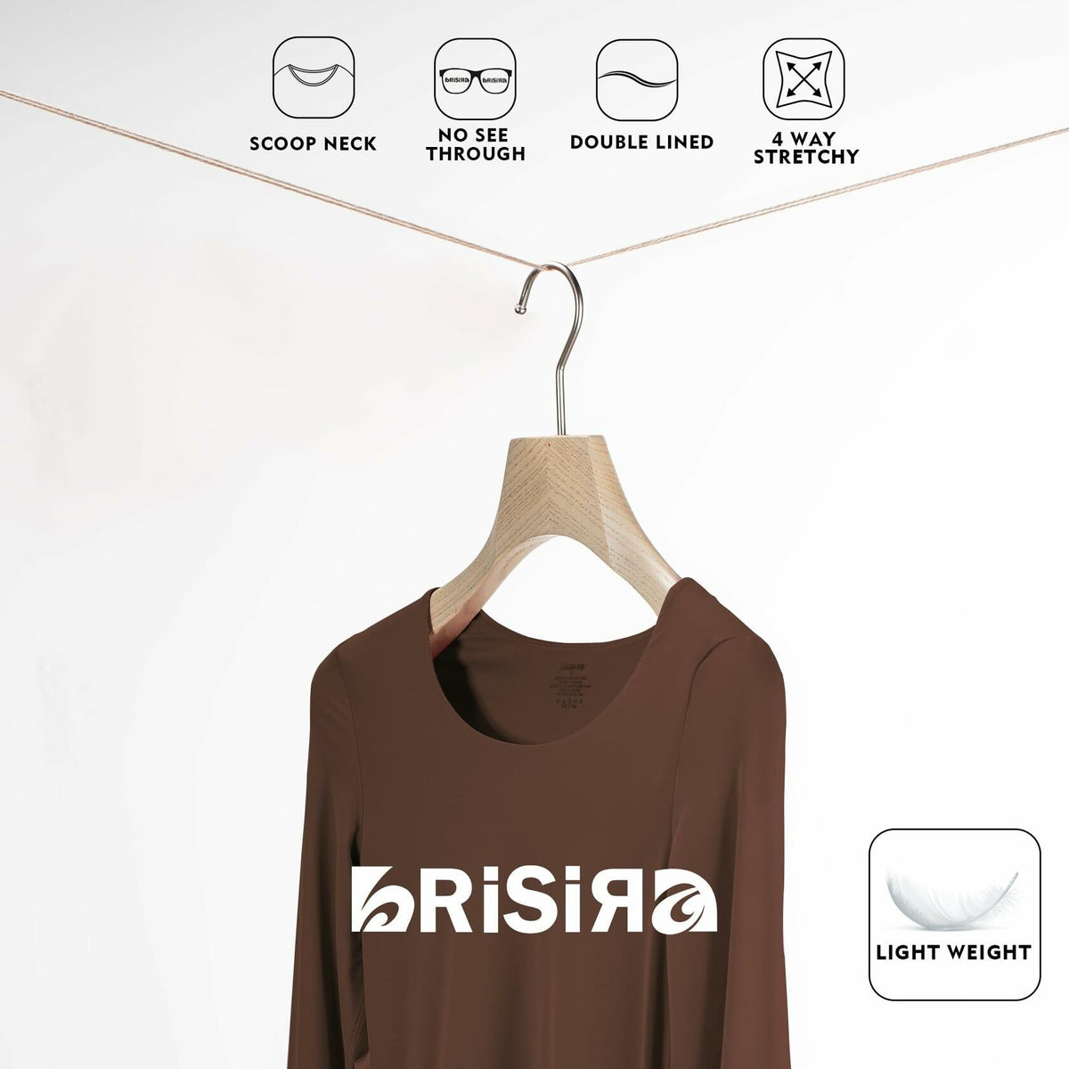 BRISIRA - Camiseta corta de manga larga para mujer, color marrón, ajuste entallado, cuello redondo - Talla M