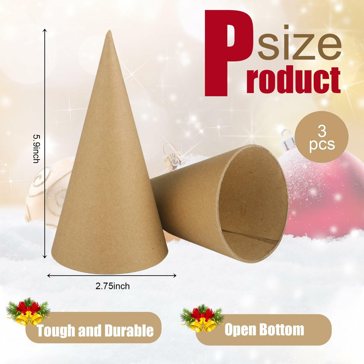 Conos de papel maché Zhanmai de 3 piezas, 5.9x2.75 pulgadas, cartón para manualidades y adornos DIY