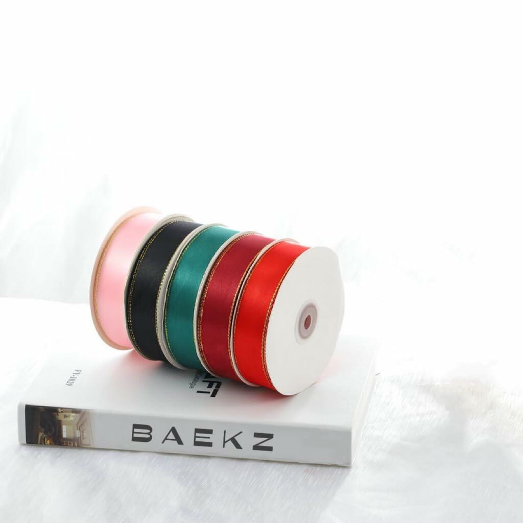 BAEKZ Cinta de satén negra de 1 pulgada con borde dorado, rollo de 50 yardas para decoración de flores y regalos