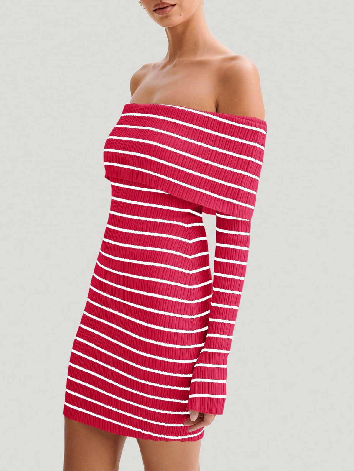 Vestido corto de punto a rayas con hombros descubiertos para mujer Wenrine, color rojo, manga larga, talla M