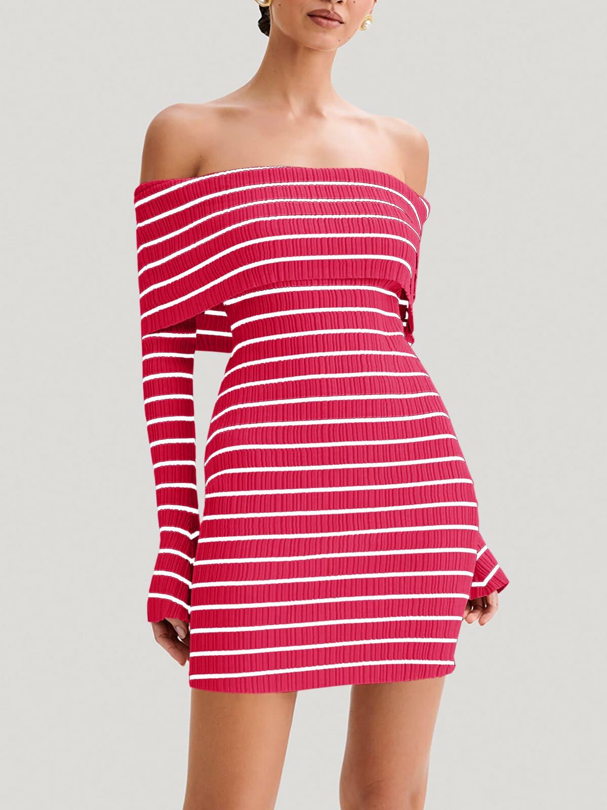 Vestido corto de punto a rayas con hombros descubiertos para mujer Wenrine, color rojo, manga larga, talla M