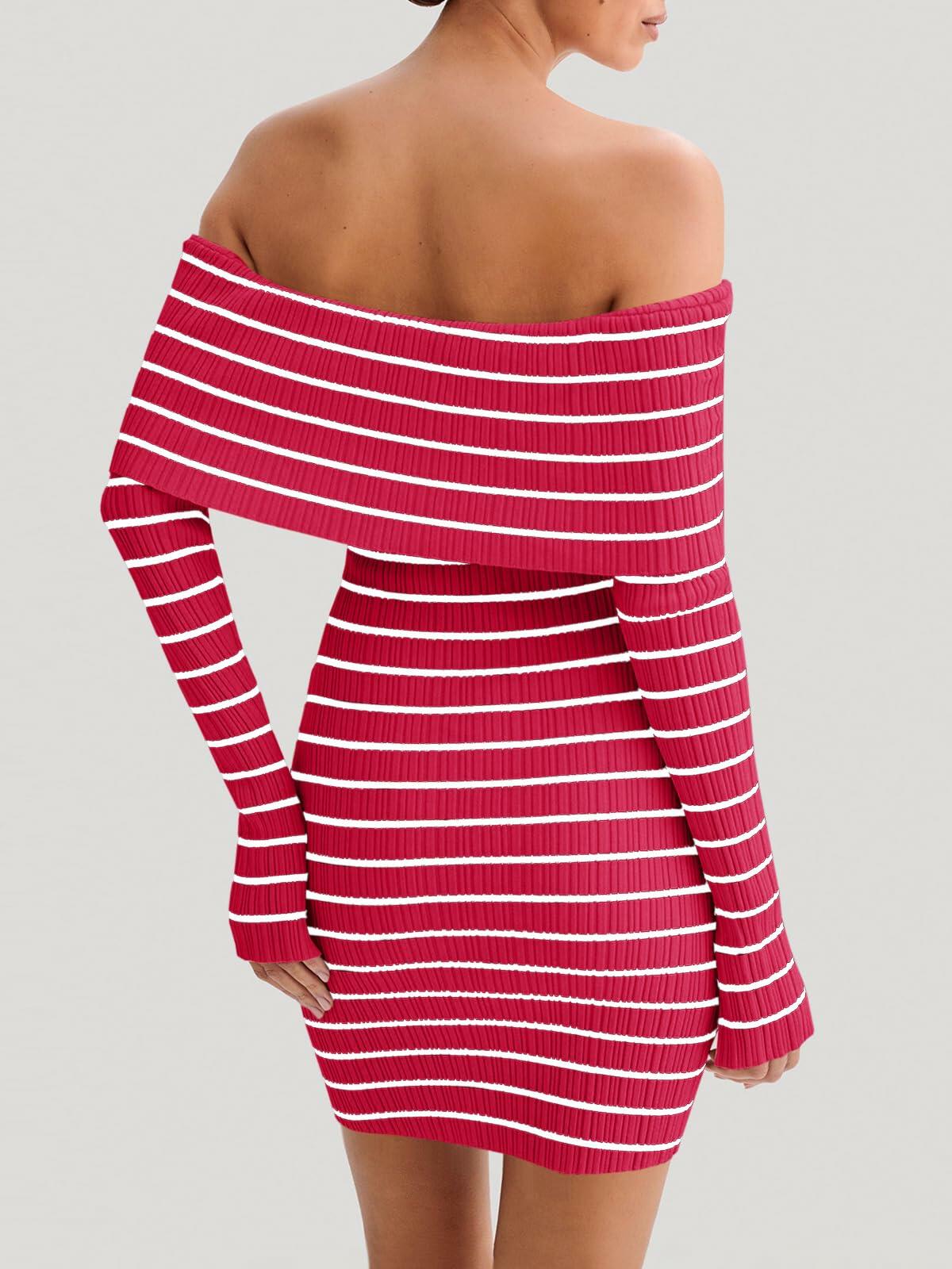 Vestido corto de punto a rayas con hombros descubiertos para mujer Wenrine, color rojo, manga larga, talla M
