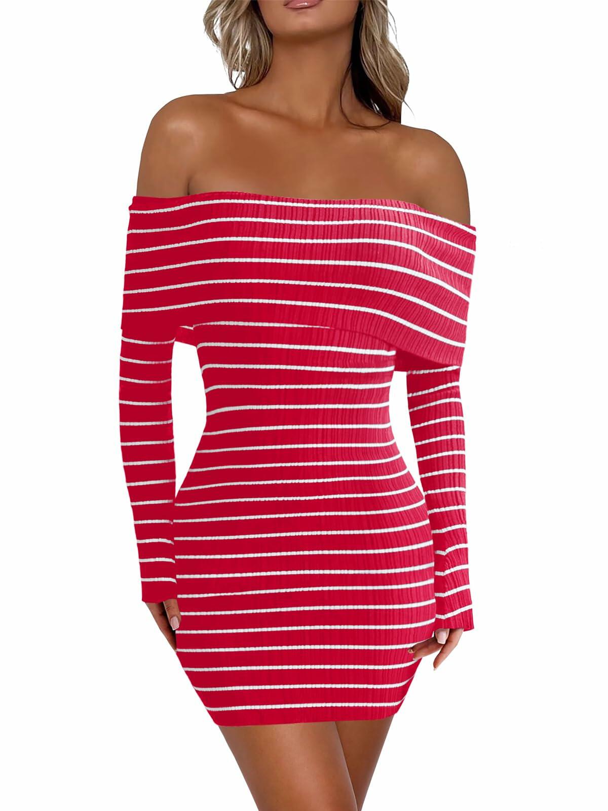 Vestido corto de punto a rayas con hombros descubiertos para mujer Wenrine, color rojo, manga larga, talla M