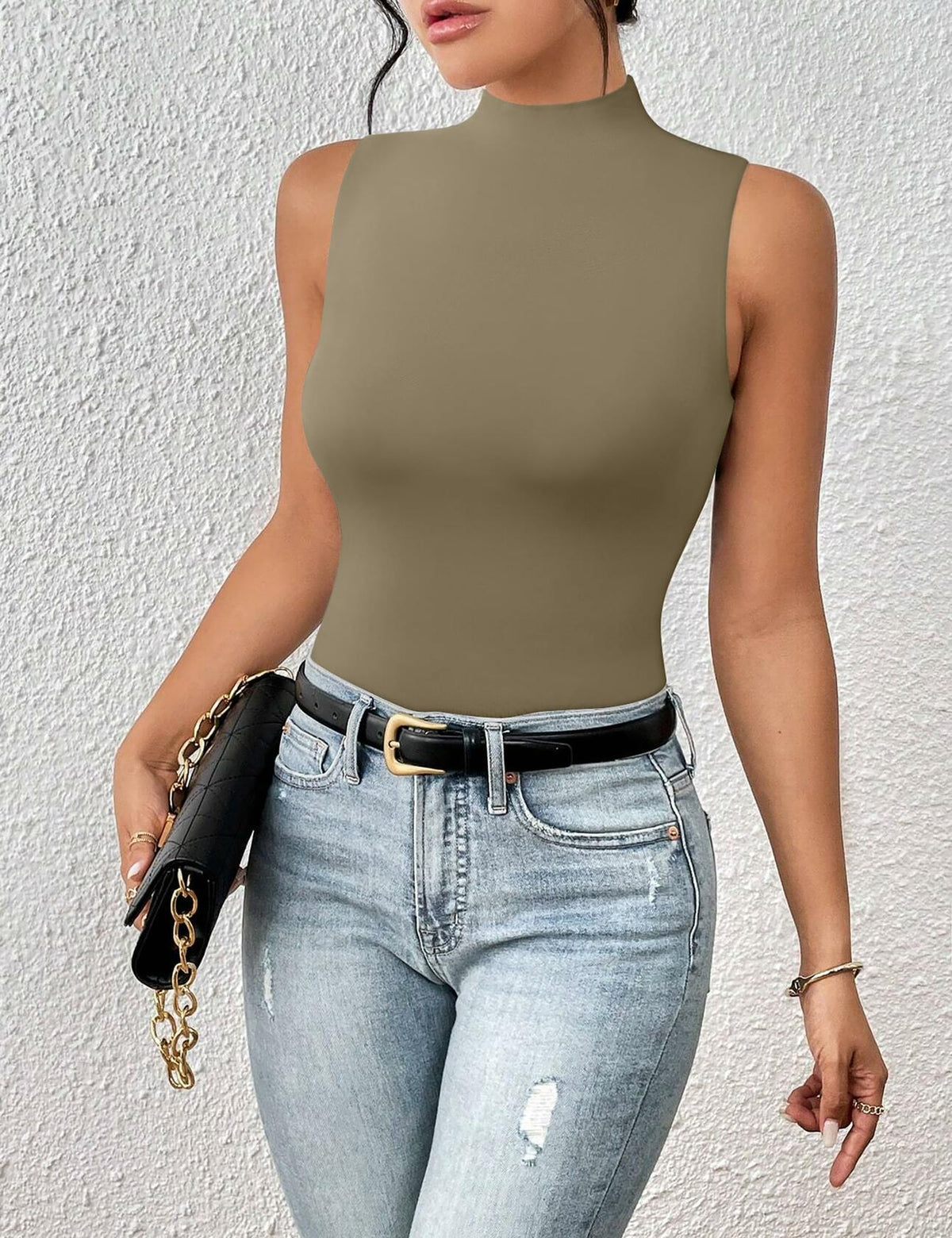 Women's Sleeveless Mock Turtle Neck Bodysuit Slim Fit Racerback Size M