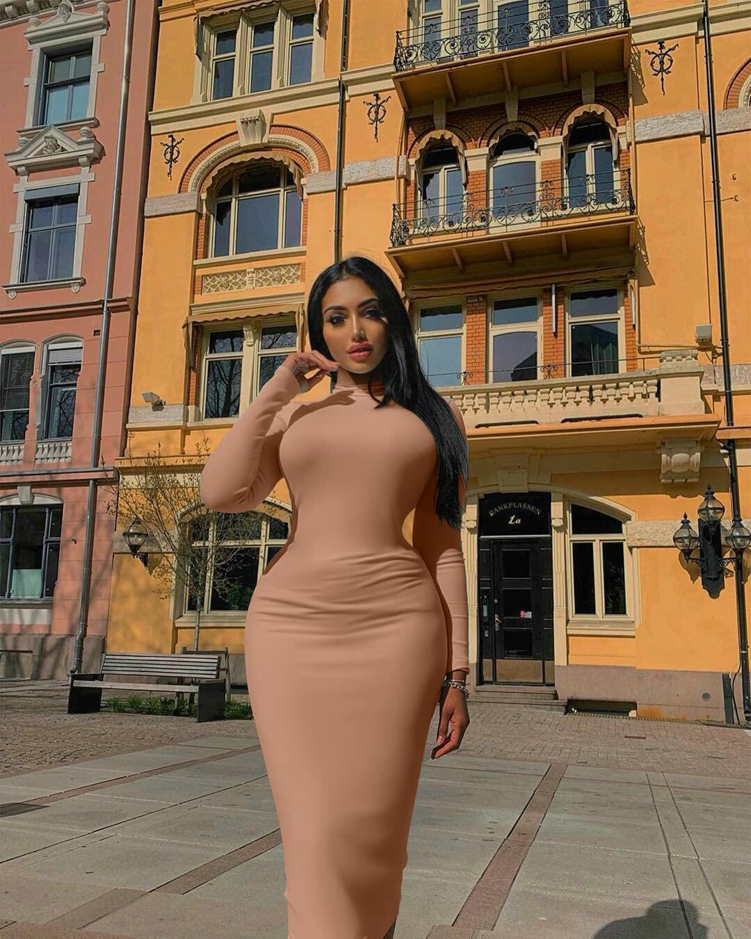 Vestido ajustado elegante de manga larga con cuello alto para mujer GOBLES, color camello, talla 2XL