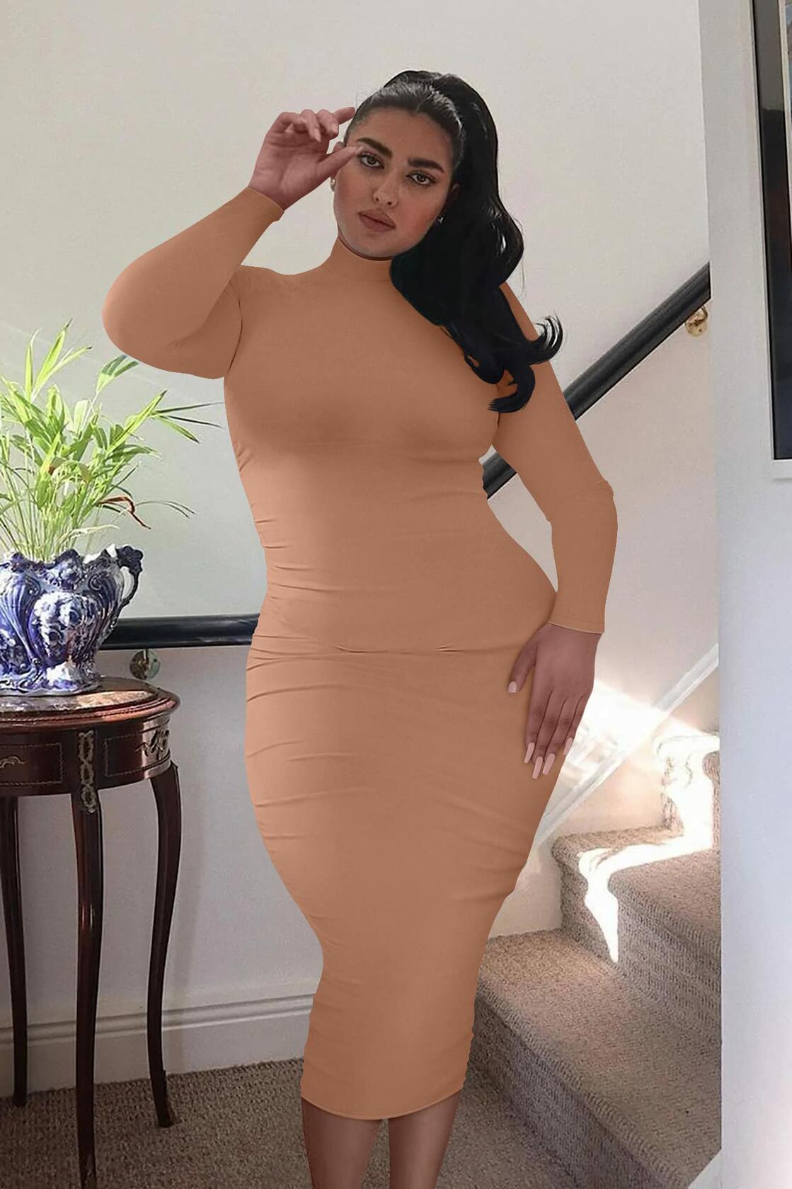 Vestido ajustado elegante de manga larga con cuello alto para mujer GOBLES, color camello, talla 2XL