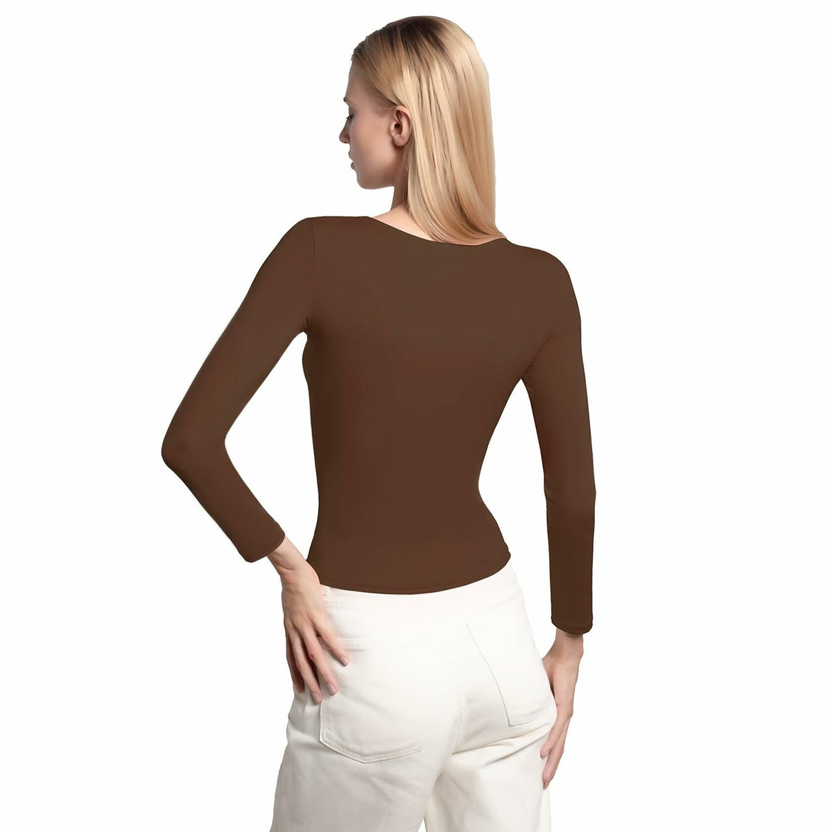Top corto de manga larga con cuello redondo para mujer BRISIRA, color marrón, ajuste entallado, talla S