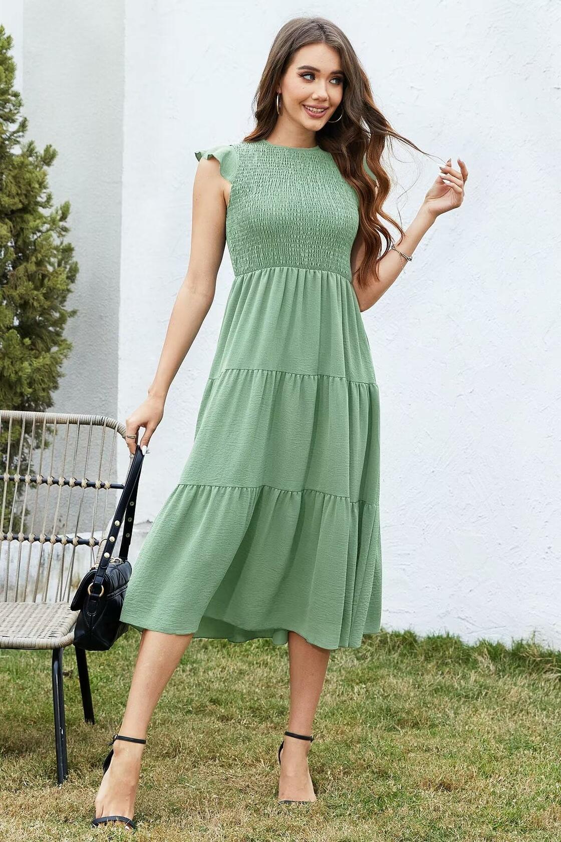 ZOOMOON Vestido largo para mujer 2024, color verde militar, cintura fruncida, casual, manga corta - L