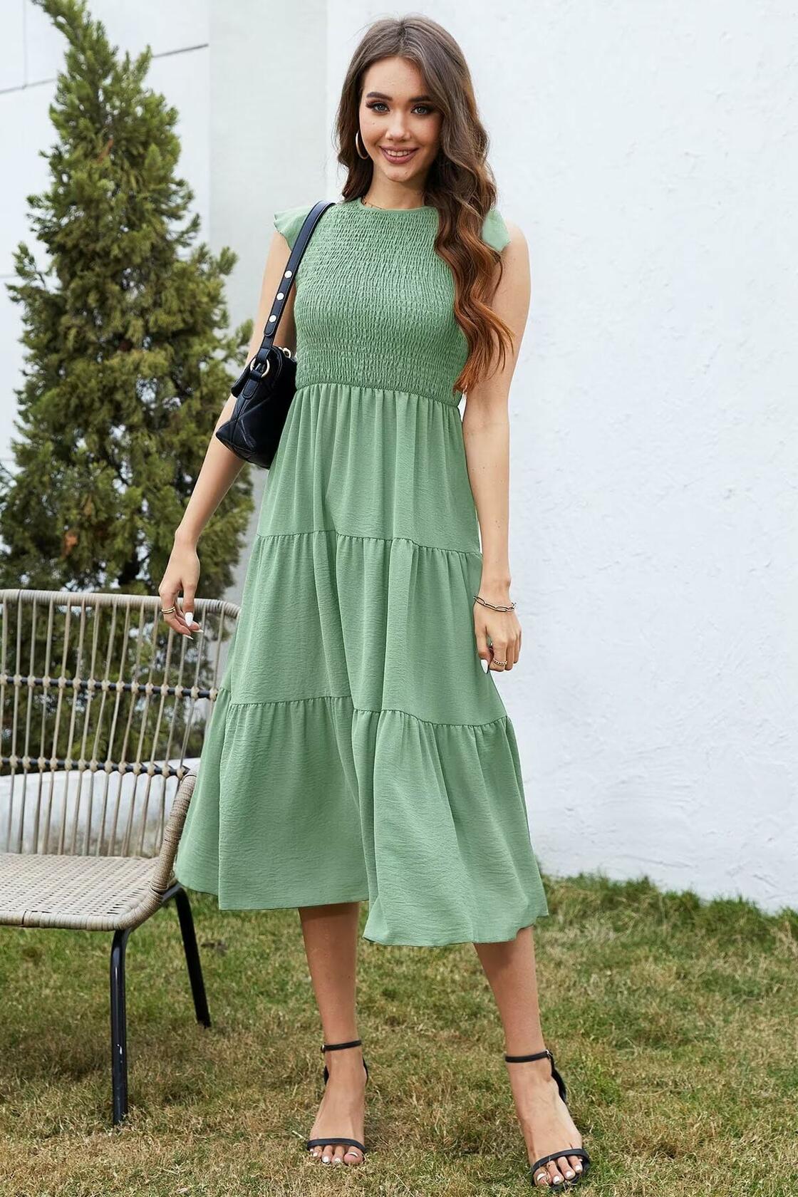 ZOOMOON Vestido largo para mujer 2024, color verde militar, cintura fruncida, casual, manga corta - L