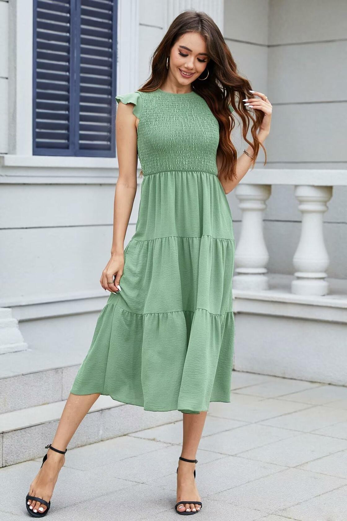 ZOOMOON Vestido largo para mujer 2024, color verde militar, cintura fruncida, casual, manga corta - L