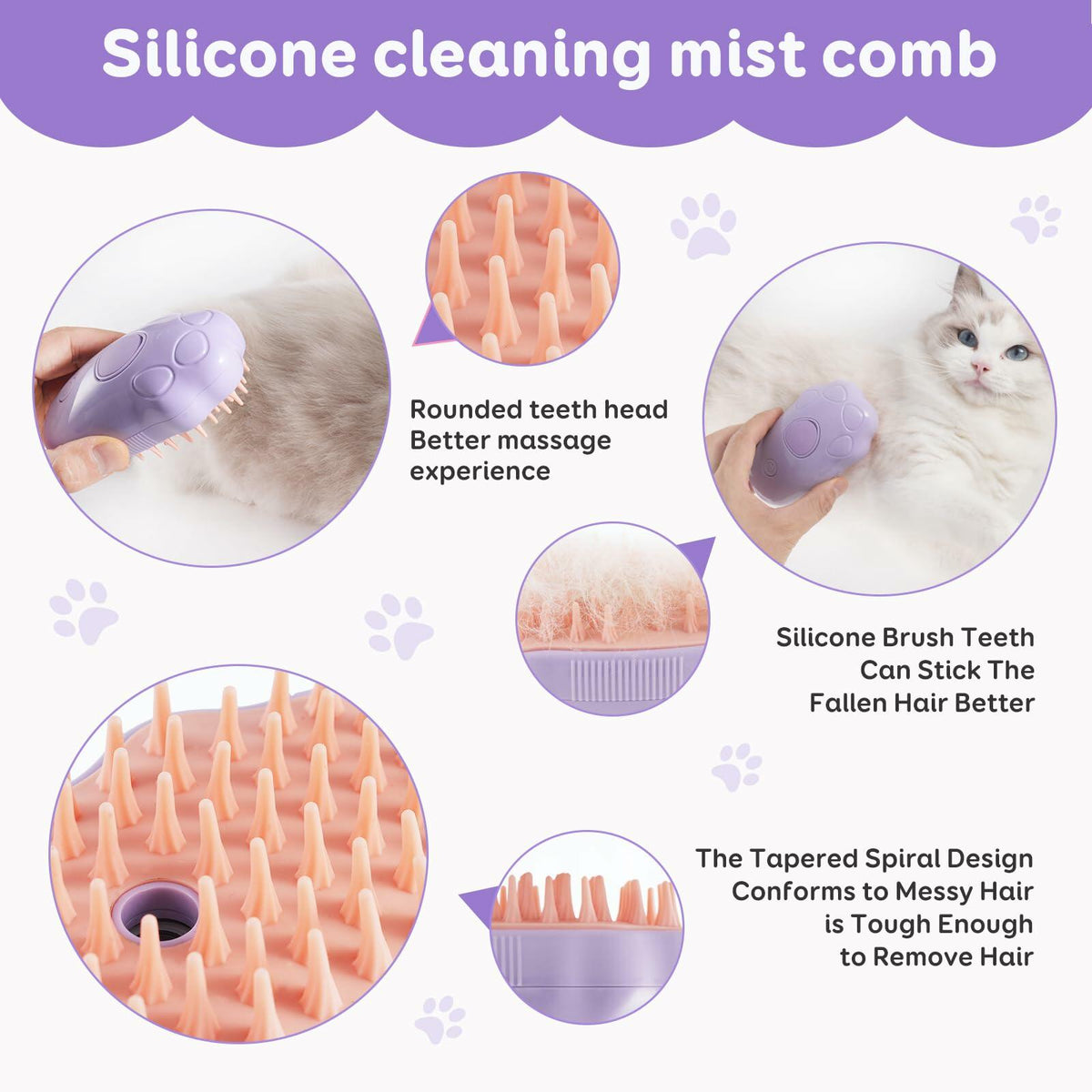 Cepillo de vapor para gatos, 2.ª generación, morado, herramienta autolimpiante para eliminar el pelo de mascotas