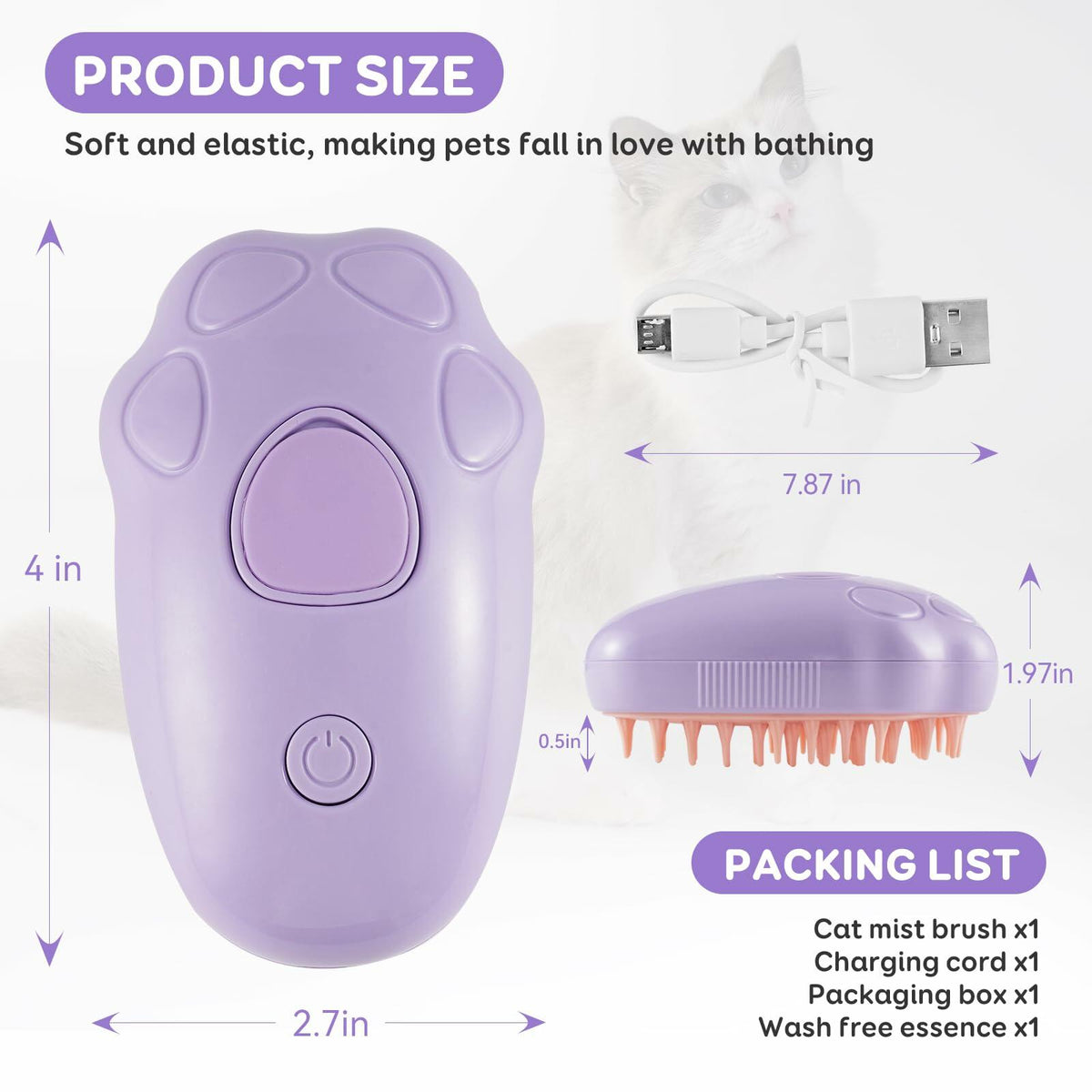 Cepillo de vapor para gatos, 2.ª generación, morado, herramienta autolimpiante para eliminar el pelo de mascotas