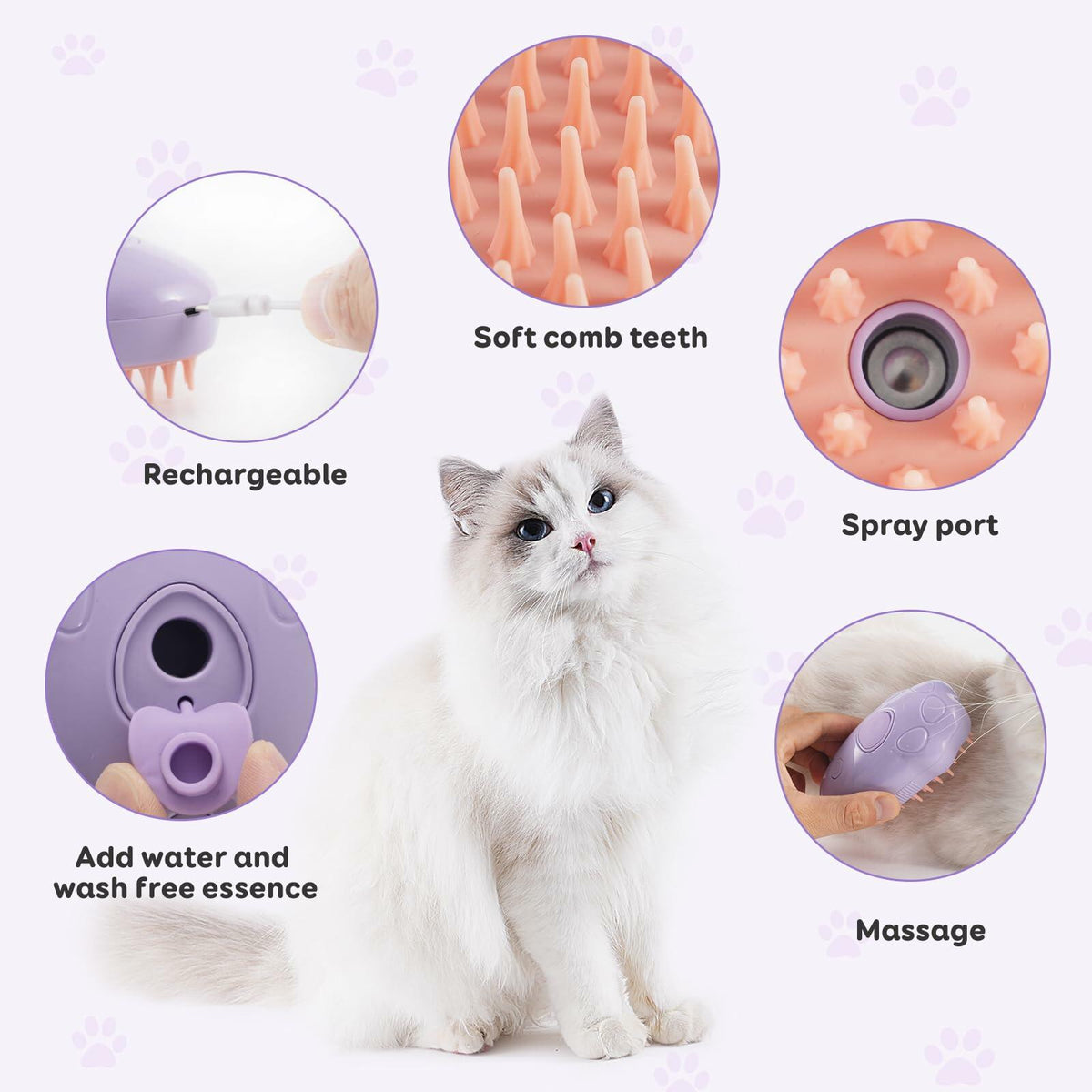 Cepillo de vapor para gatos, 2.ª generación, morado, herramienta autolimpiante para eliminar el pelo de mascotas