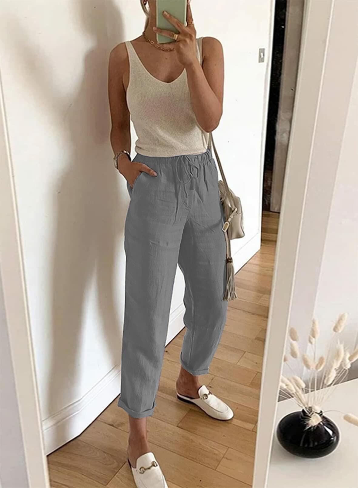 Pantalones casuales de talle alto para mujer Acelitt en color gris con bolsillos grandes - Talla L