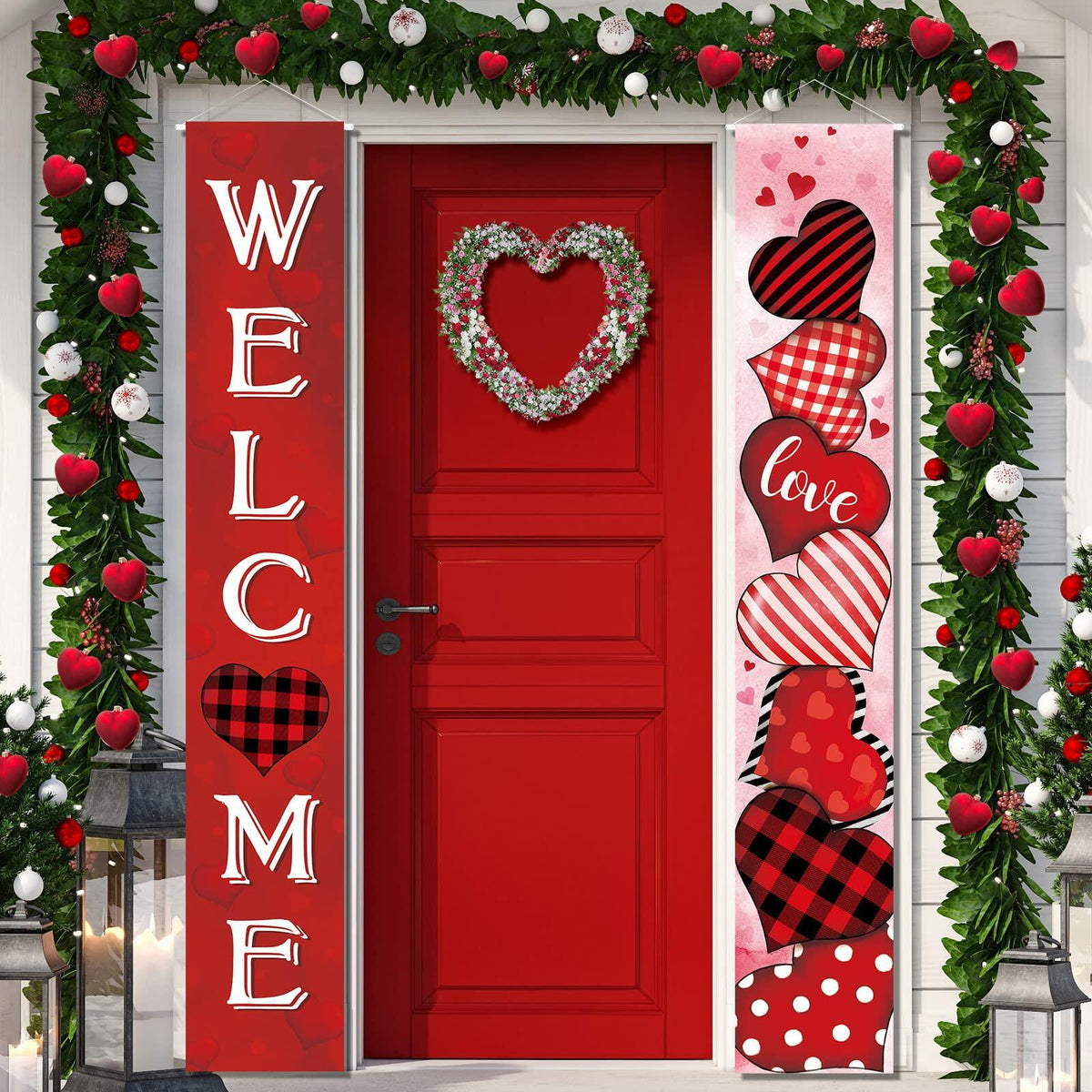 Juego de 2 pancartas para puerta de San Valentín con diseño de cuadros rojos, decoración de corazones para el hogar