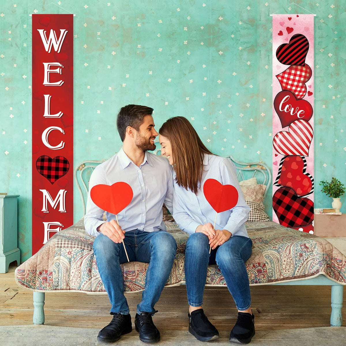 Juego de 2 pancartas para puerta de San Valentín con diseño de cuadros rojos, decoración de corazones para el hogar