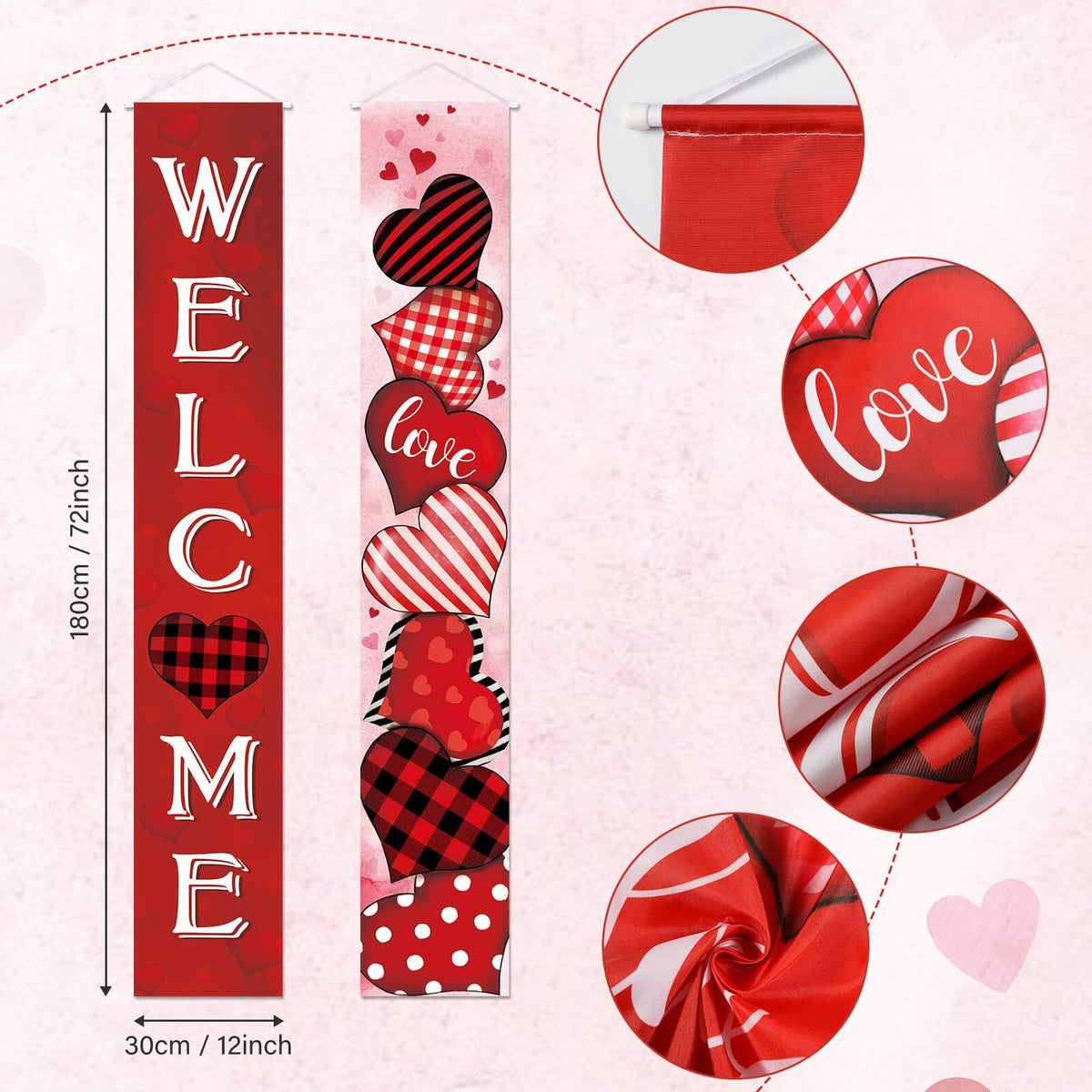 Juego de 2 pancartas para puerta de San Valentín con diseño de cuadros rojos, decoración de corazones para el hogar