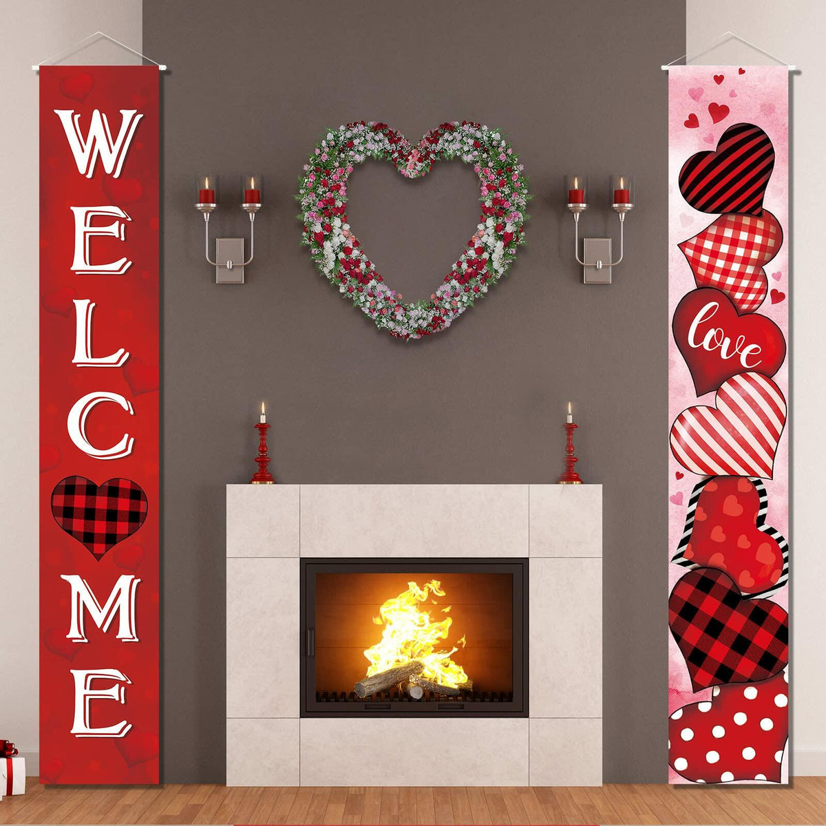 Juego de 2 pancartas para puerta de San Valentín con diseño de cuadros rojos, decoración de corazones para el hogar