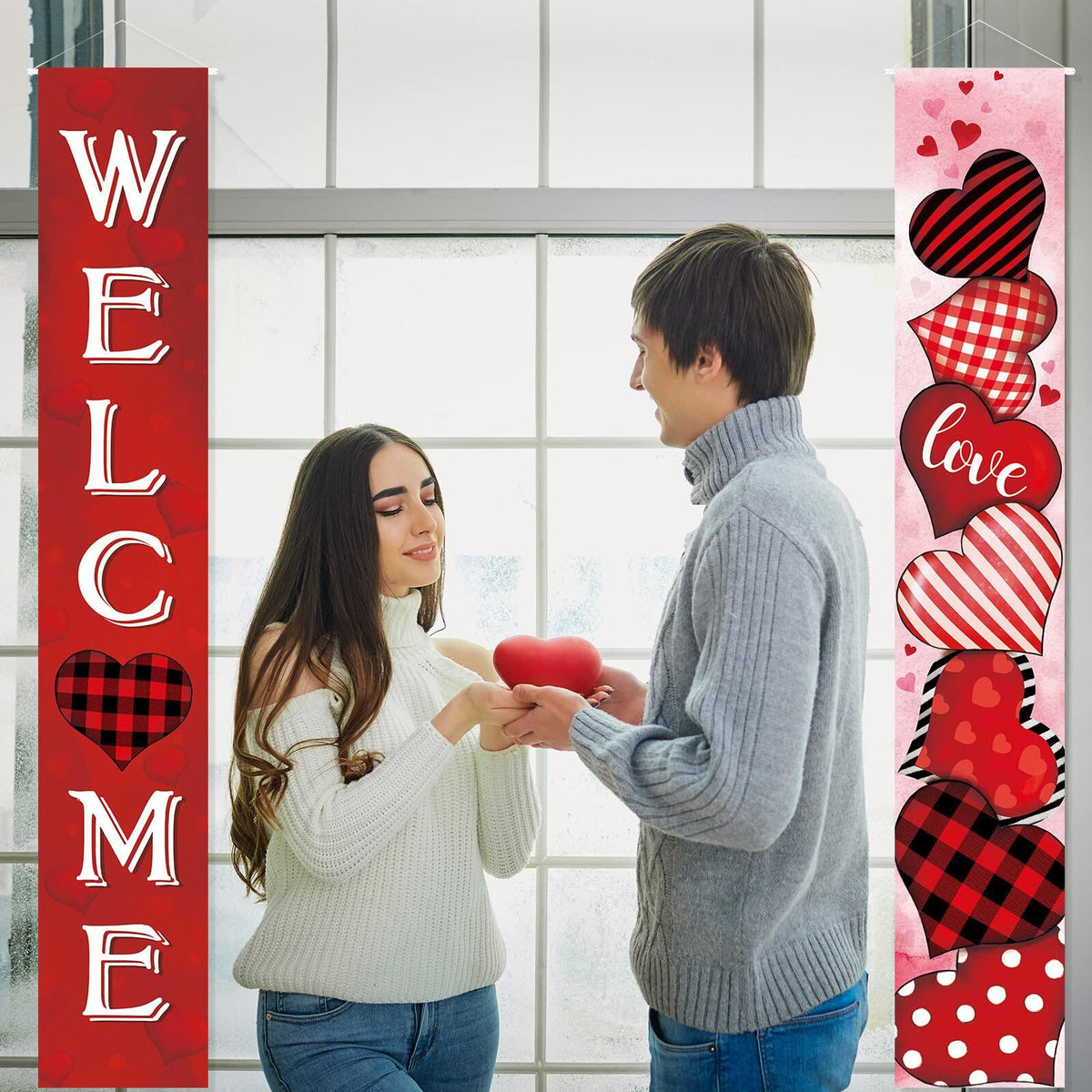 Juego de 2 pancartas para puerta de San Valentín con diseño de cuadros rojos, decoración de corazones para el hogar