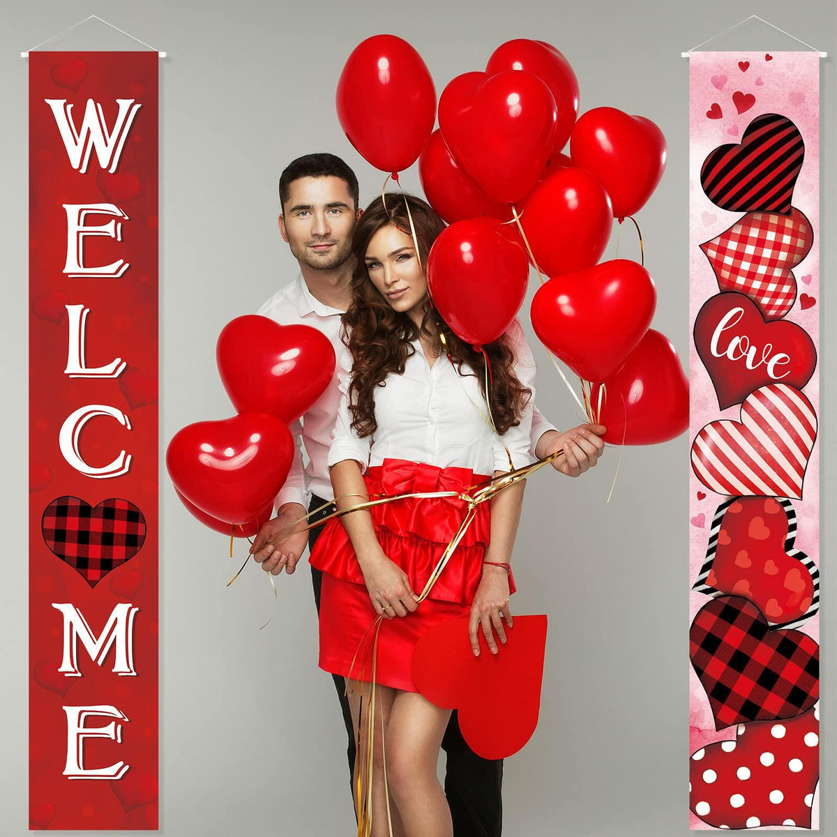 Juego de 2 pancartas para puerta de San Valentín con diseño de cuadros rojos, decoración de corazones para el hogar