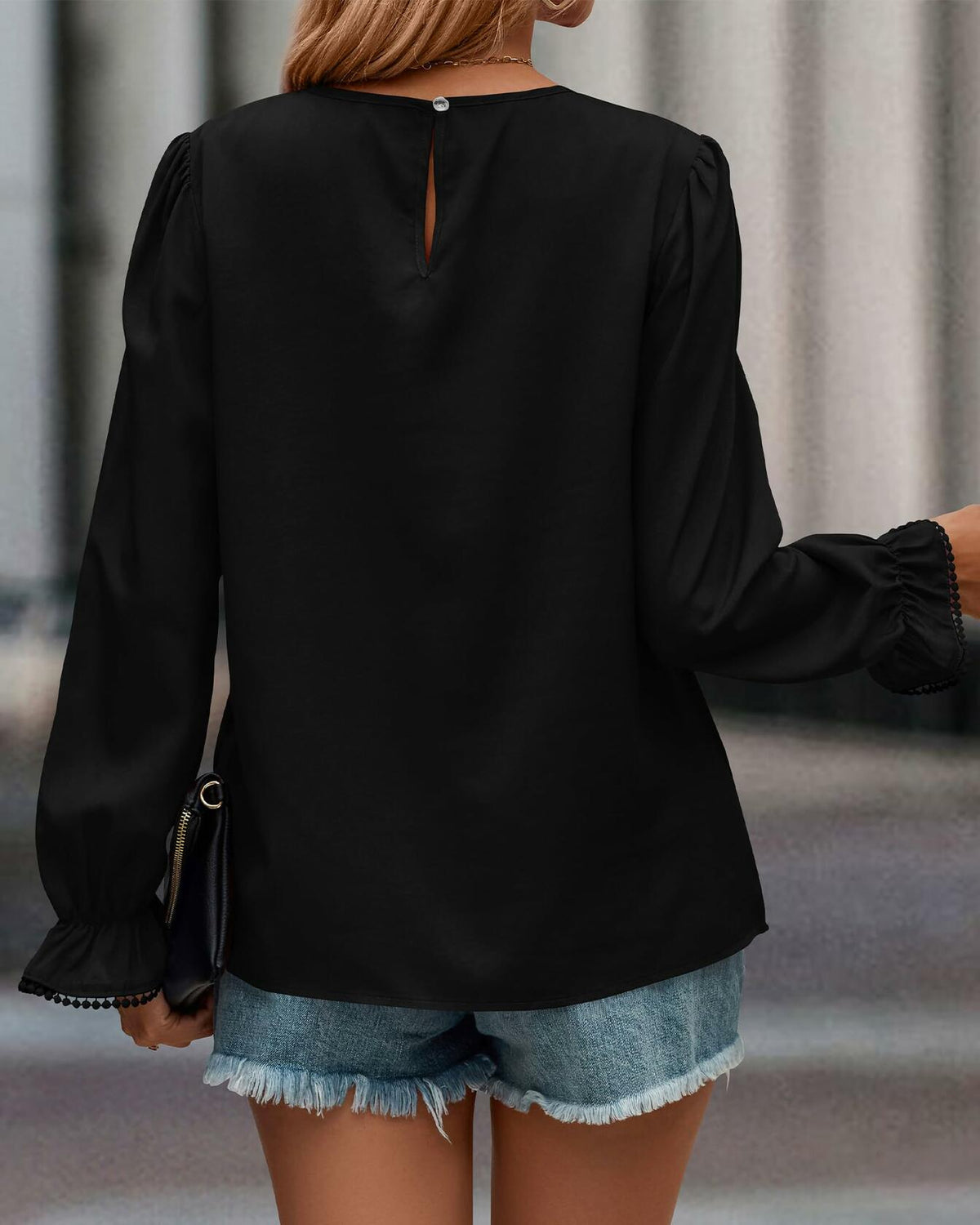 PRETTYGARDEN Top de manga larga con encaje de ganchillo para mujer negro talla XXL