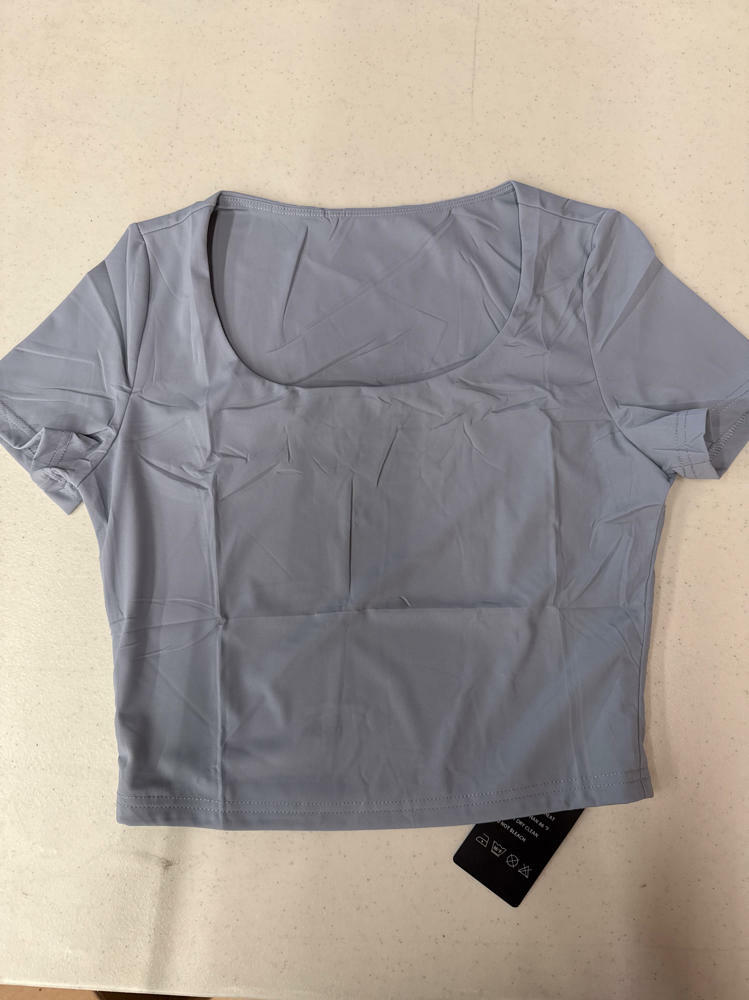 Camiseta LOMON de corte entallado con cuello redondo para mujer, color azul grisáceo, talla M