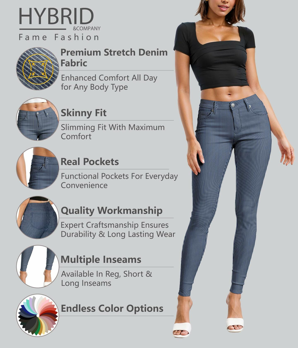 Jeans de mezclilla elásticos y cómodos de 5 bolsillos para mujer de Hybrid & Company, color azul y blanco, talla 24