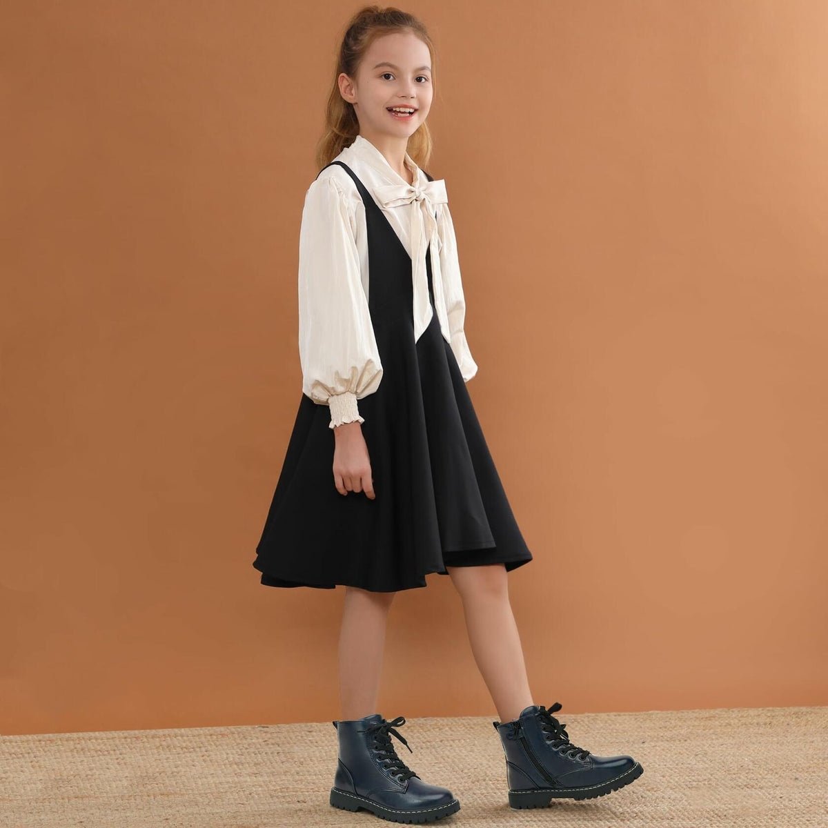 Botines de combate para niños Firelli azul marino con cordones y cremallera lateral, talla 4 EE. UU.