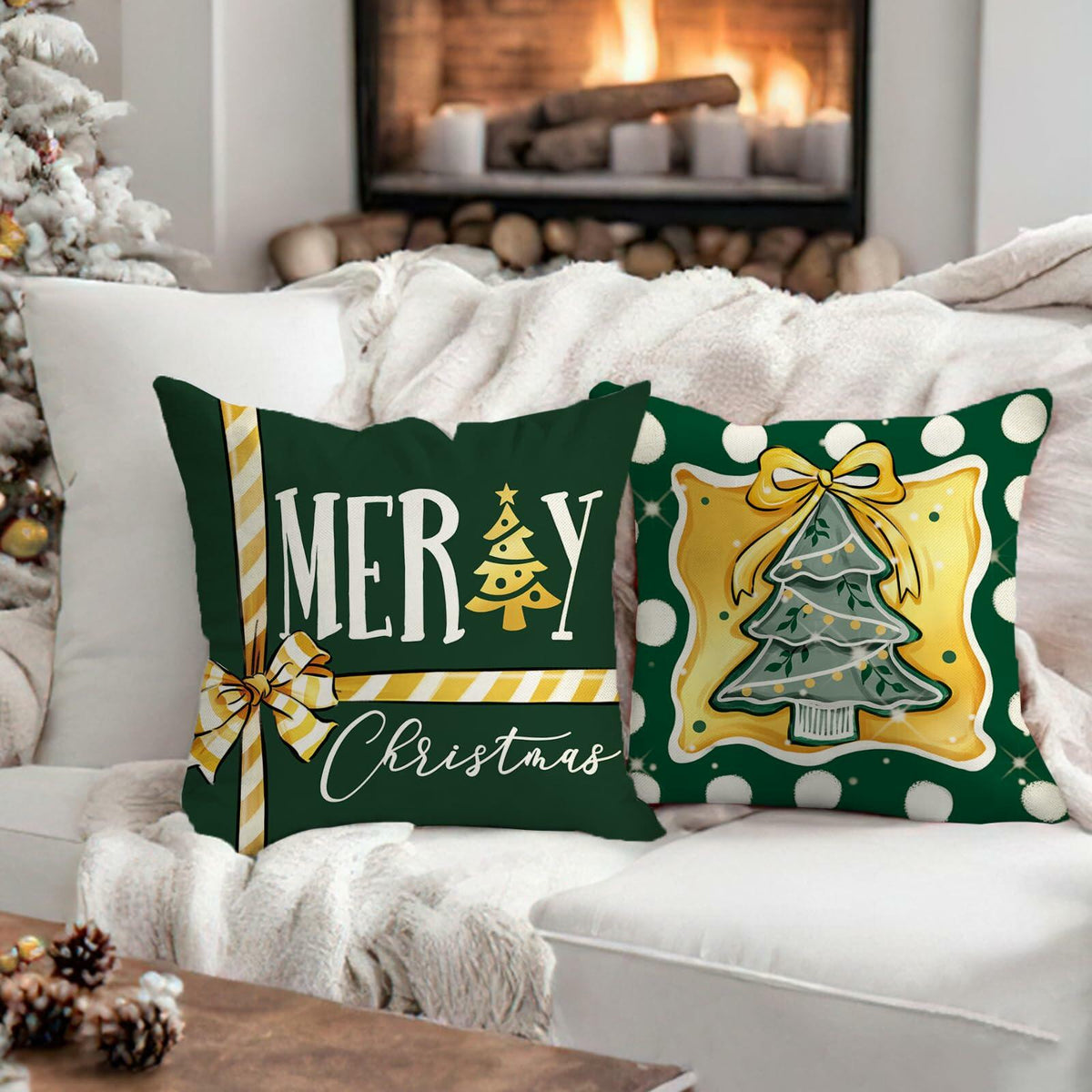 Fahrendom 4-Pack 16x16 Red Green Xmas Tree Snowflake Outdoor Pillow Covers