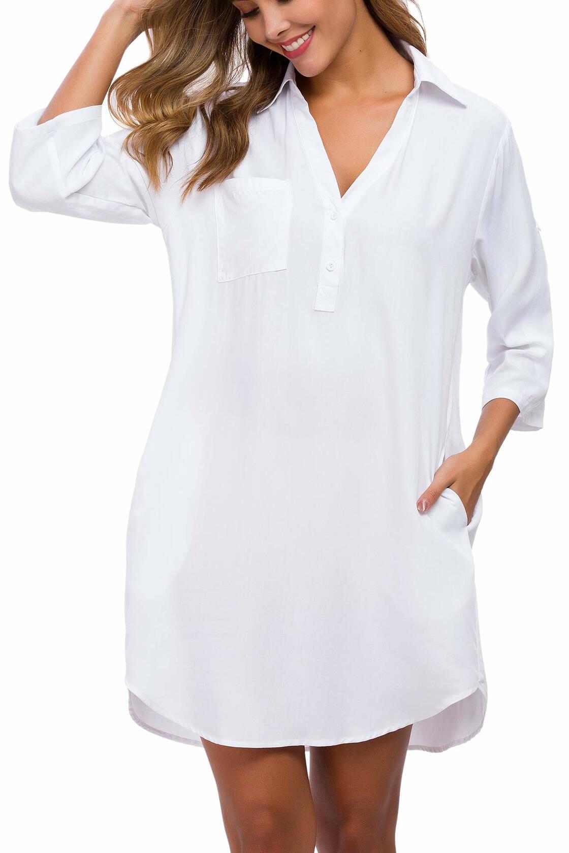 Vestido camisero informal de manga 3/4 con botones para mujer MANAIXUAN, talla extragrande (XXL)