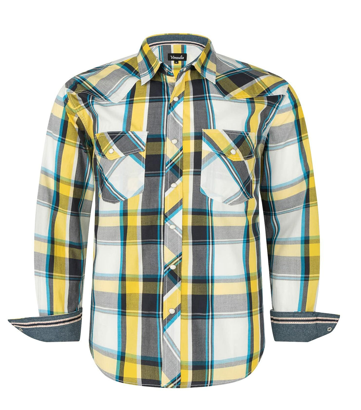 Camisa de cuadros de manga larga con botones a presión estilo western para hombre VENZULIA, color blanco, talla 2XL
