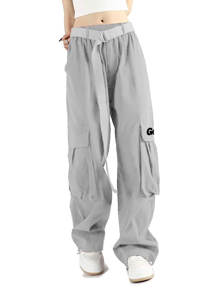 Pantalones cargo GOLYOY para mujer, color gris, cintura alta ajustable, estilo holgado y de pierna ancha, talla L